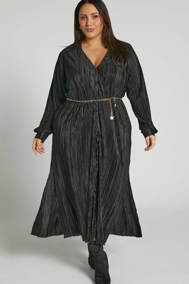 Donelli Midi Dress 8211 Plisse Oversized Collared Shirt Dress In Black Women Showpo Curve Clothes
