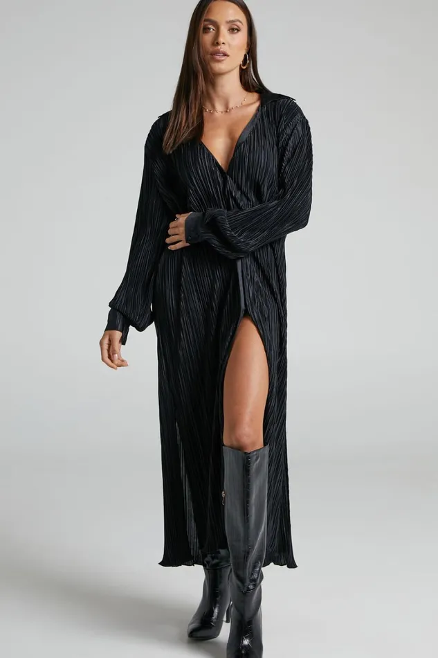 Donelli Midi Dress 8211 Plisse Oversized Collared Shirt Dress In Black Women Showpo Curve Clothes