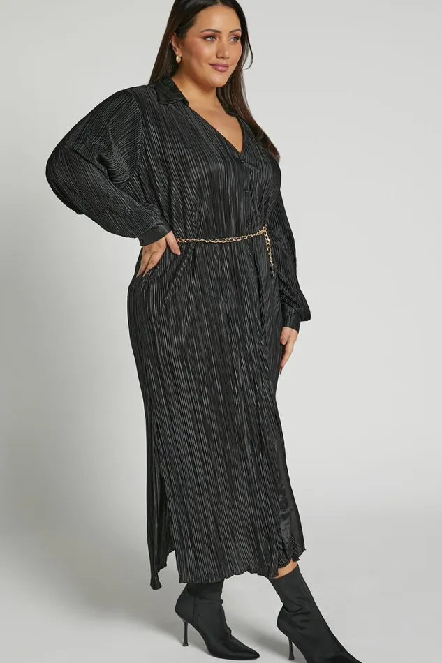 Donelli Midi Dress 8211 Plisse Oversized Collared Shirt Dress In Black Women Showpo Curve Clothes