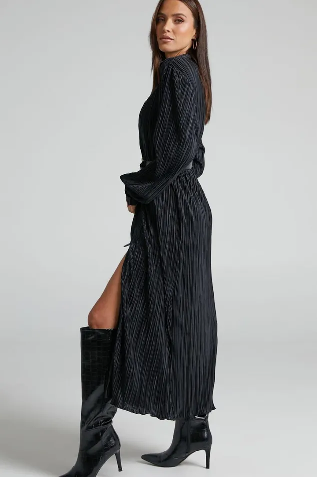 Donelli Midi Dress 8211 Plisse Oversized Collared Shirt Dress In Black Women Showpo Curve Clothes