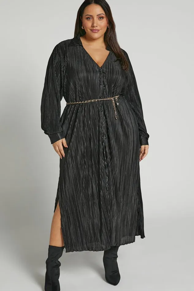 Donelli Midi Dress 8211 Plisse Oversized Collared Shirt Dress In Black Women Showpo Curve Clothes