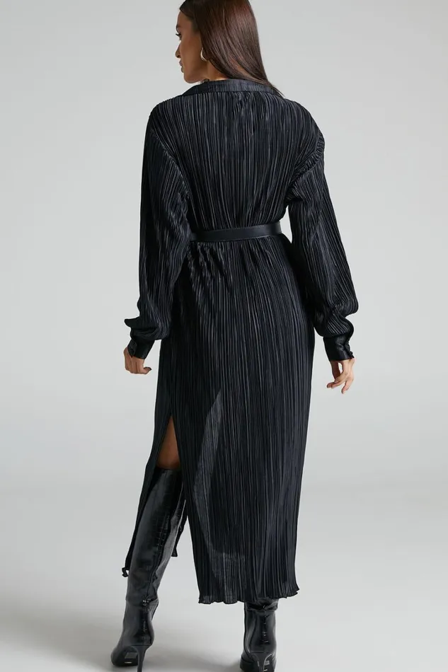 Donelli Midi Dress 8211 Plisse Oversized Collared Shirt Dress In Black Women Showpo Curve Clothes