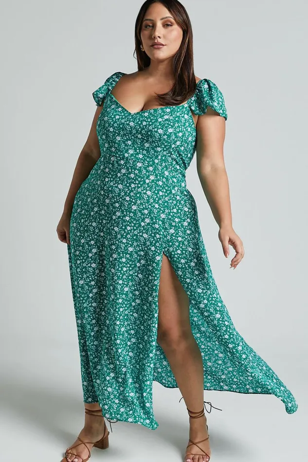 Donissa Midi Dress 8211 Thigh Split Flutter Sleeve Dress In Green Women Showpo Curve Clothes