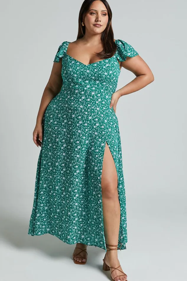 Donissa Midi Dress 8211 Thigh Split Flutter Sleeve Dress In Green Women Showpo Curve Clothes