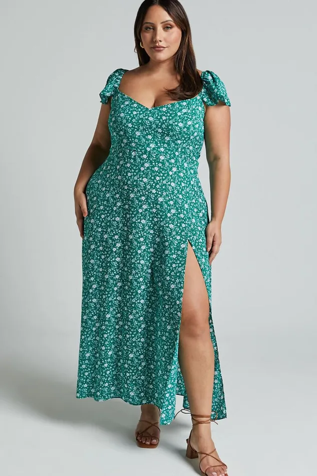 Donissa Midi Dress 8211 Thigh Split Flutter Sleeve Dress In Green Women Showpo Curve Clothes