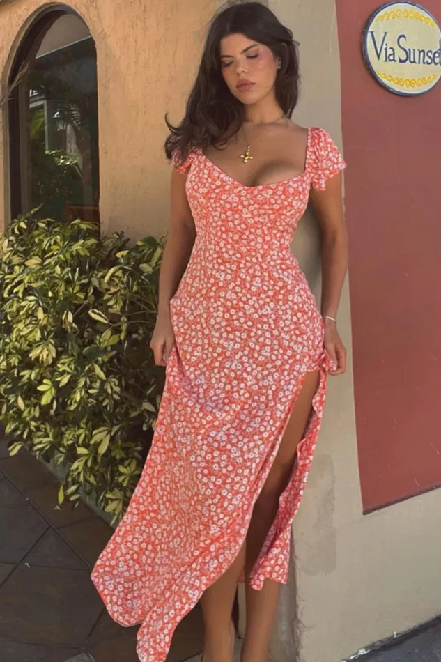 Donissa Midi Dress 8211 Thigh Split Flutter Sleeve Dress In Orange Floral Women Showpo Curve Clothes Donissa Midi Dress 8211 Thigh Split Flutter Sleeve Dress In Orange Floral Women Showpo Curve Clothes
