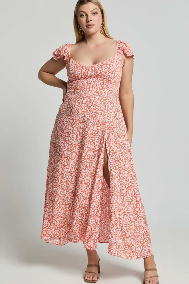Donissa Midi Dress 8211 Thigh Split Flutter Sleeve Dress In Orange Floral Women Showpo Curve Clothes
