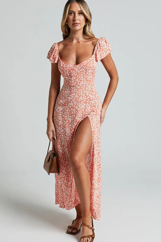 Donissa Midi Dress 8211 Thigh Split Flutter Sleeve Dress In Orange Floral Women Showpo Curve Clothes
