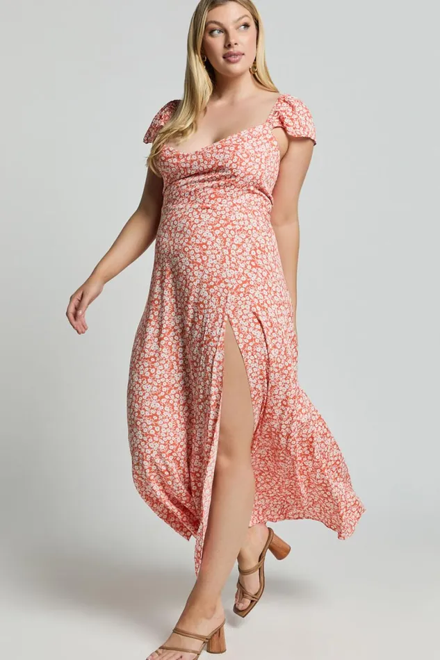 Donissa Midi Dress 8211 Thigh Split Flutter Sleeve Dress In Orange Floral Women Showpo Curve Clothes
