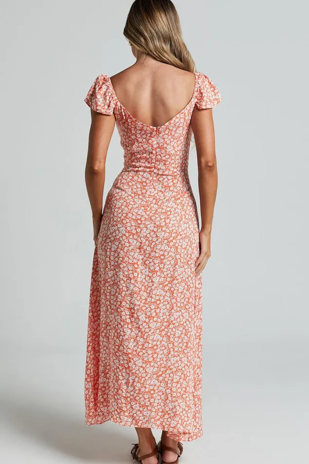Donissa Midi Dress 8211 Thigh Split Flutter Sleeve Dress In Orange Floral Women Showpo Curve Clothes