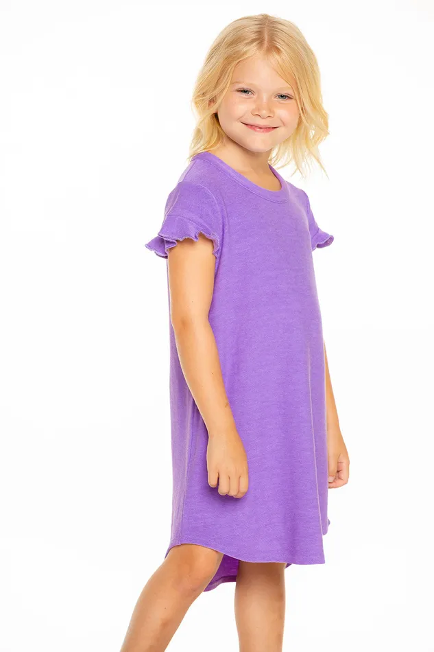 Dresses and Skirts Girls Cozy Knit Ruffle Short Sleeve Shirttail Mini Dress in Electric Purple Chaser Brand