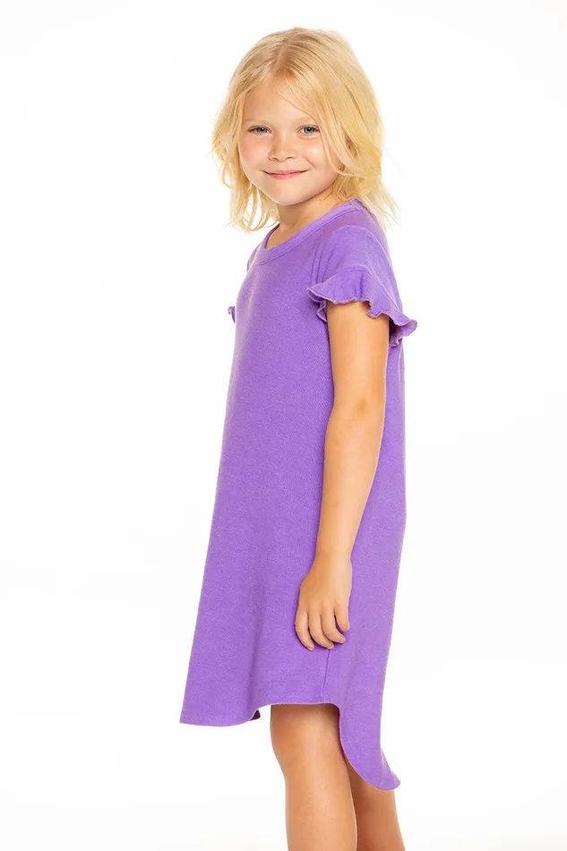 Dresses and Skirts Girls Cozy Knit Ruffle Short Sleeve Shirttail Mini Dress in Electric Purple Chaser Brand