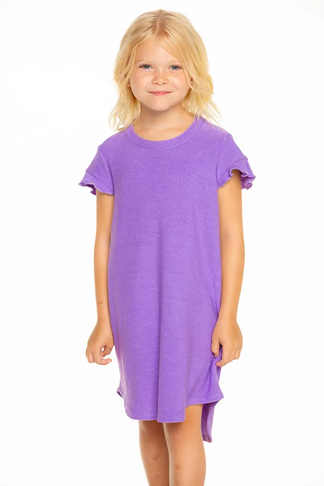 Dresses and Skirts Girls Cozy Knit Ruffle Short Sleeve Shirttail Mini Dress in Electric Purple Chaser Brand