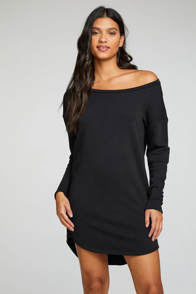 Dresses Chaser Brand Womens Slub French Terry Long Sleeve Drop Shoulder Side Zip Hi Lo Shirttail Dress