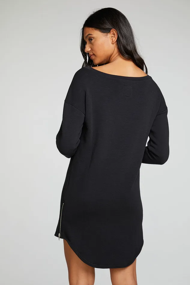 Dresses Chaser Brand Womens Slub French Terry Long Sleeve Drop Shoulder Side Zip Hi Lo Shirttail Dress