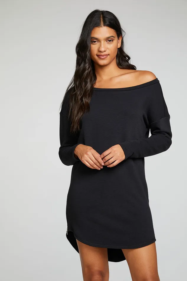 Dresses Chaser Brand Womens Slub French Terry Long Sleeve Drop Shoulder Side Zip Hi Lo Shirttail Dress