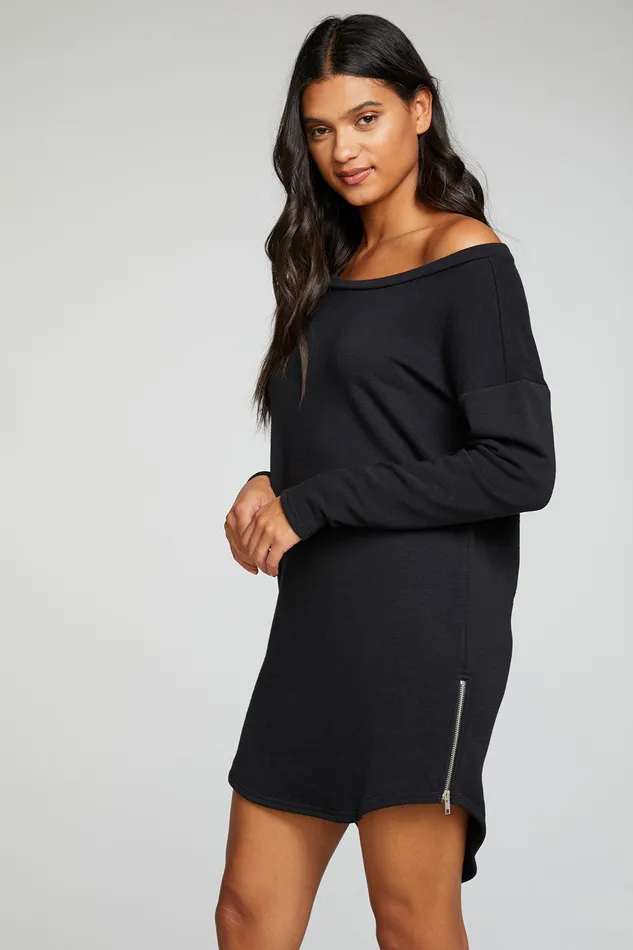 Dresses Chaser Brand Womens Slub French Terry Long Sleeve Drop Shoulder Side Zip Hi Lo Shirttail Dress