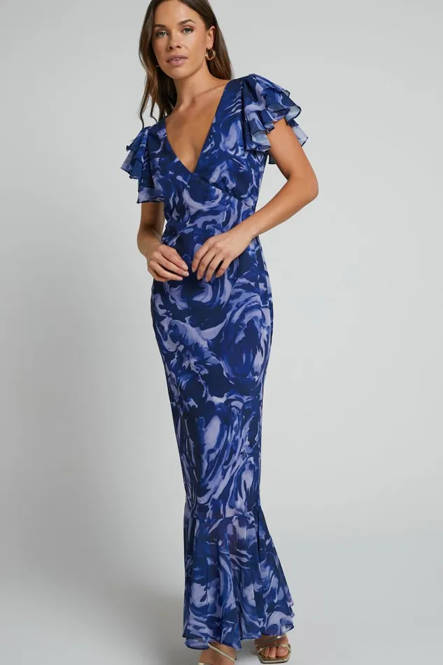 Dylana Midi Dress 8211 V Neck Flutter Sleeve Dress In Navy Swirl Women Showpo Dresses