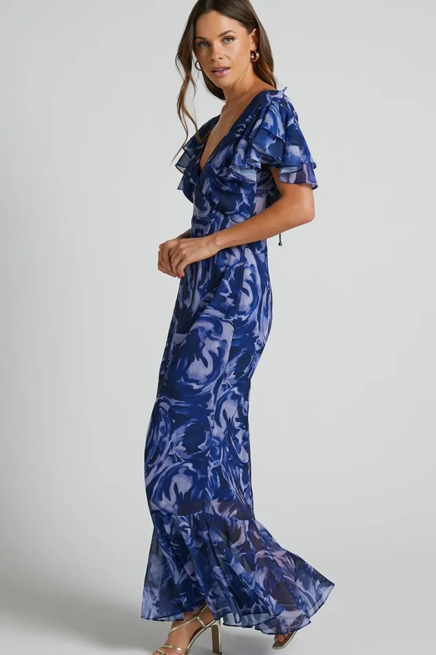 Dylana Midi Dress 8211 V Neck Flutter Sleeve Dress In Navy Swirl Women Showpo Dresses
