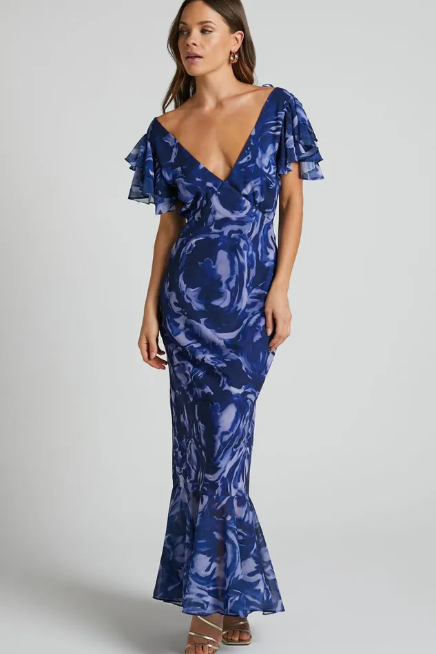 Dylana Midi Dress 8211 V Neck Flutter Sleeve Dress In Navy Swirl Women Showpo Dresses