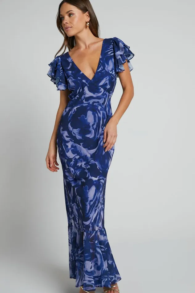 Dylana Midi Dress 8211 V Neck Flutter Sleeve Dress In Navy Swirl Women Showpo Dresses
