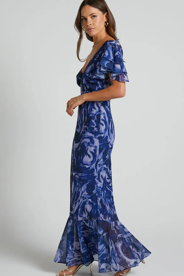 Dylana Midi Dress 8211 V Neck Flutter Sleeve Dress In Navy Swirl Women Showpo Dresses