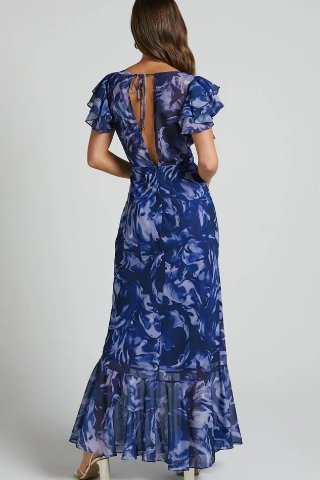 Dylana Midi Dress 8211 V Neck Flutter Sleeve Dress In Navy Swirl Women Showpo Dresses