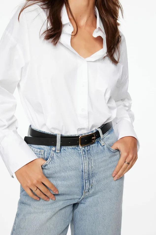 Dynamite Belts Women Skinny Round Square Buckle Belt Black