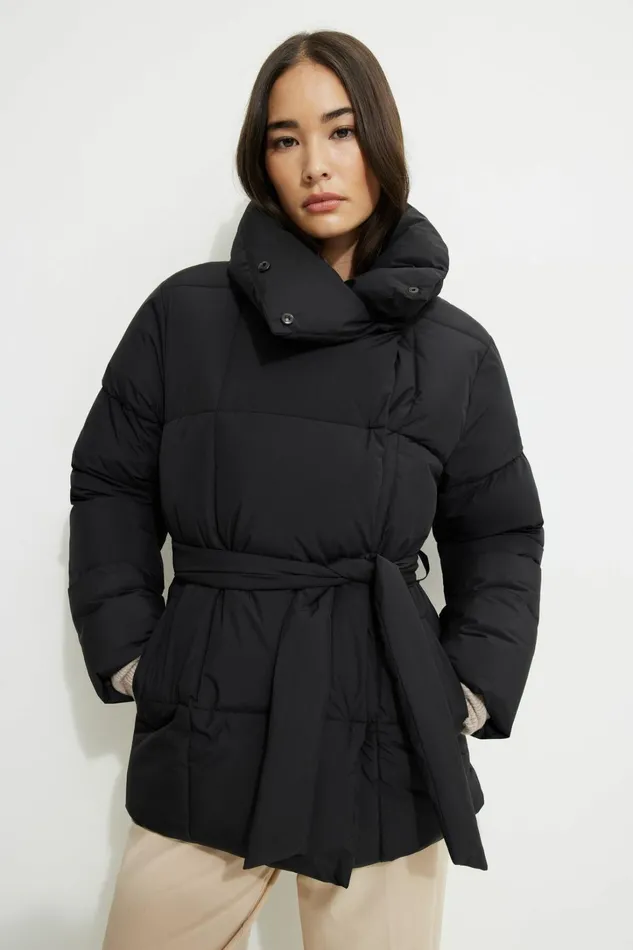 Dynamite Coats and Jackets Women Belted Midi Puffer Jacket Black
