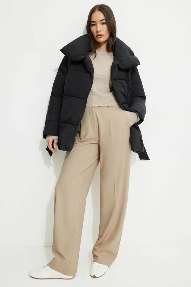 Dynamite Coats and Jackets Women Belted Midi Puffer Jacket Black