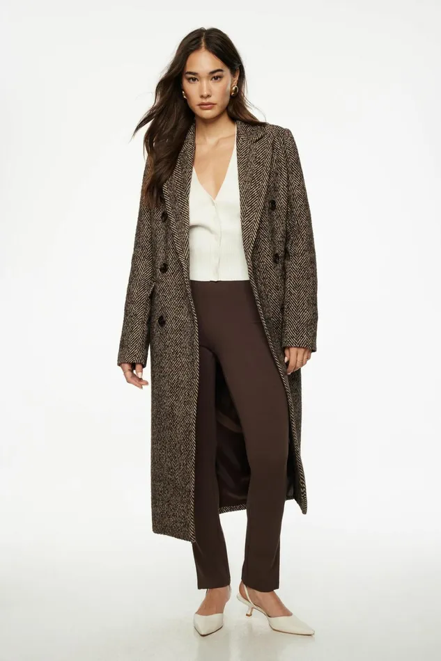 Dynamite Coats and Jackets Women Double Breasted Herringbone Coat Brown