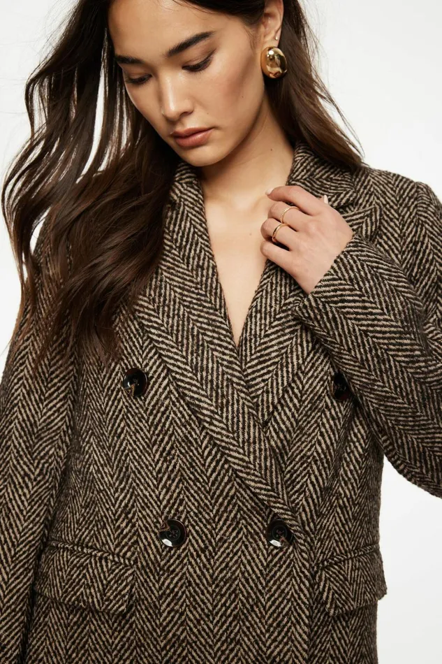 Dynamite Coats and Jackets Women Double Breasted Herringbone Coat Brown