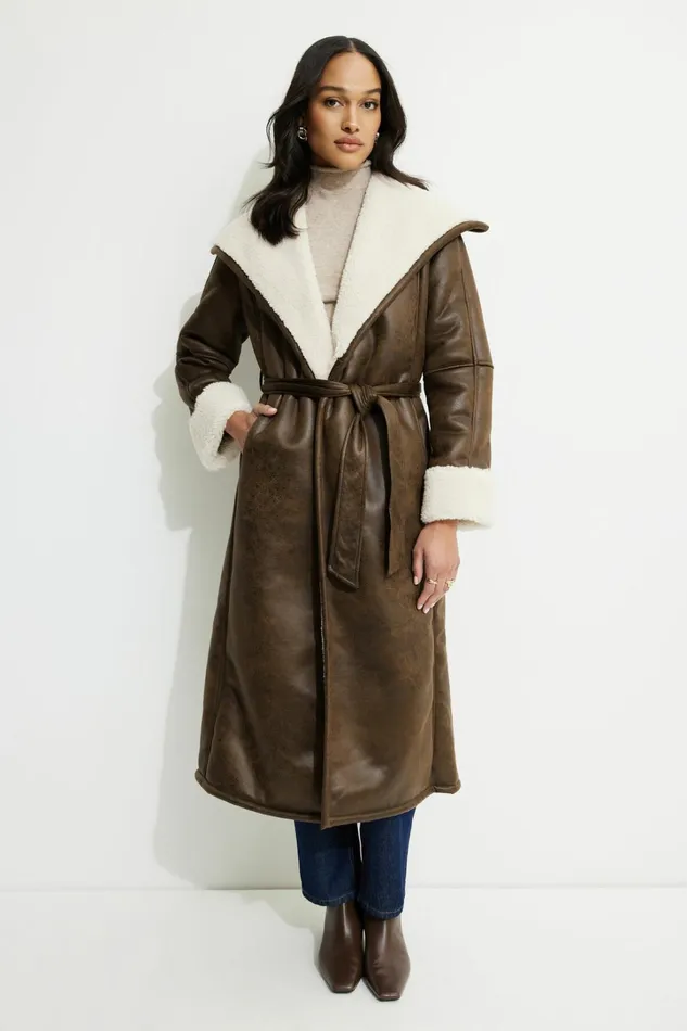 Dynamite Coats and Jackets Women Sherpa Faux Leather Wrap Coat Brown