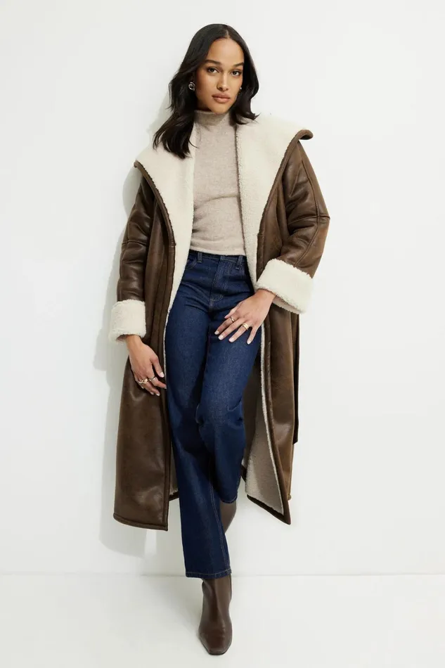 Dynamite Coats and Jackets Women Sherpa Faux Leather Wrap Coat Brown