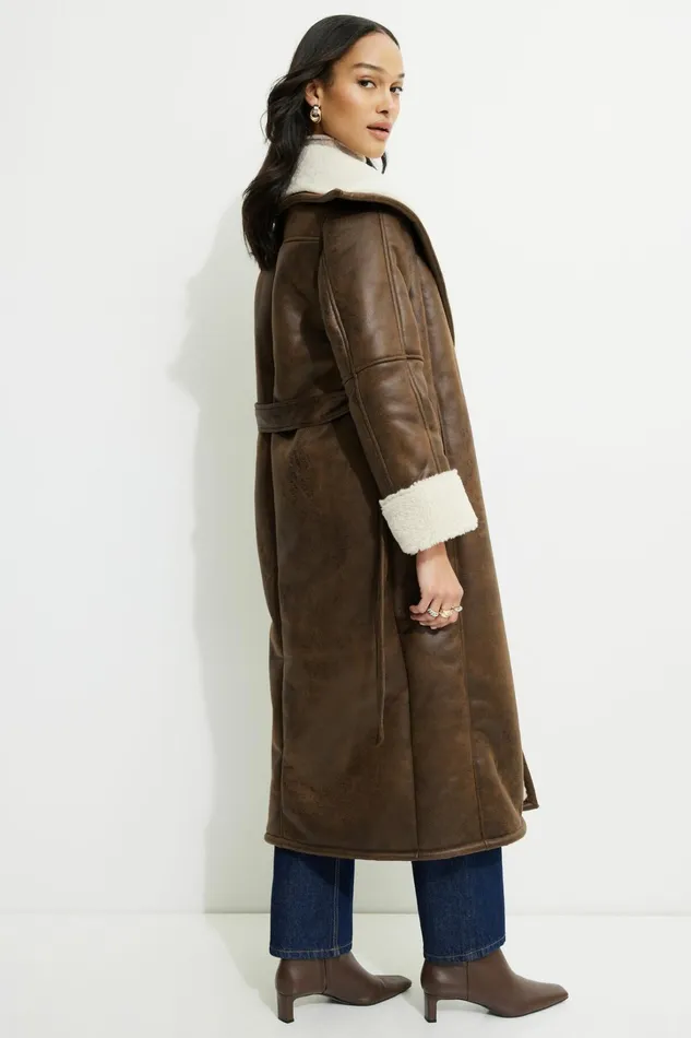 Dynamite Coats and Jackets Women Sherpa Faux Leather Wrap Coat Brown