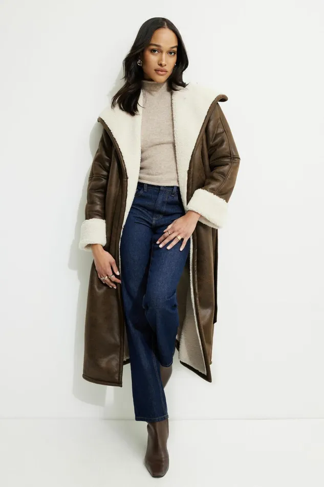 Dynamite Coats and Jackets Women Sherpa Faux Leather Wrap Coat Brown
