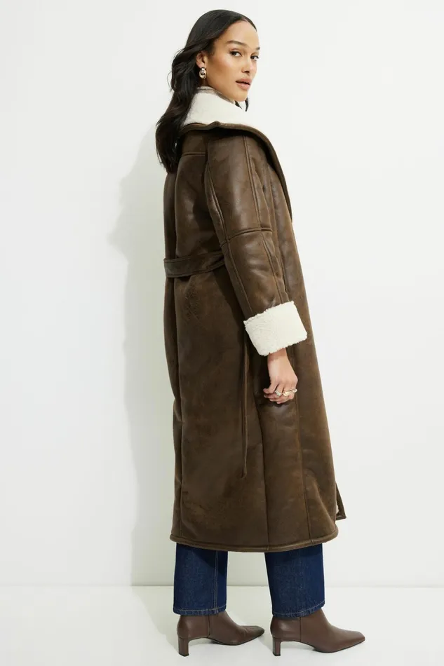 Dynamite Coats and Jackets Women Sherpa Faux Leather Wrap Coat Brown