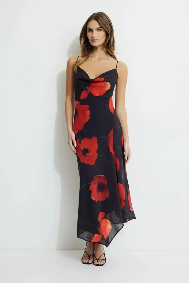 Dynamite Dresses and Jumpsuits Women Asymmetric Maxi Slip Dress Red