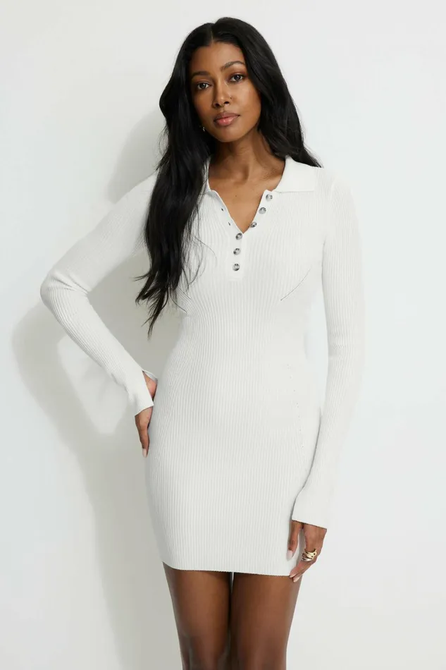 Dynamite Dresses and Jumpsuits Women Ribbed Polo Mini Dress Beige