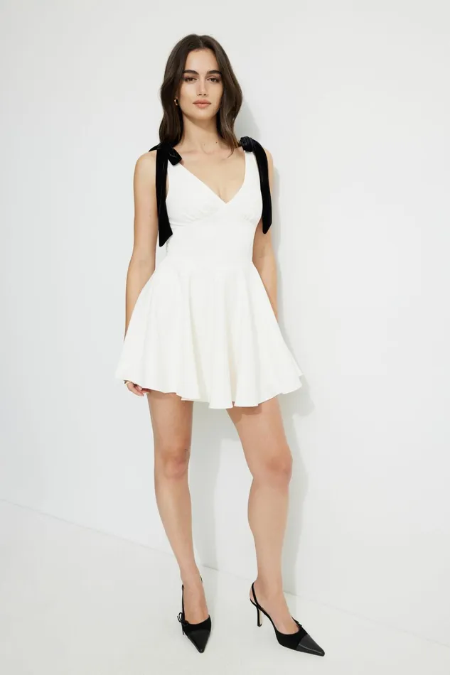 Dynamite Dresses and Jumpsuits Women Velvet Bow Ties Mini Dress Beige
