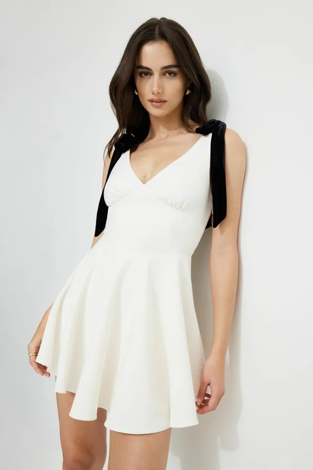 Dynamite Dresses and Jumpsuits Women Velvet Bow Ties Mini Dress Beige