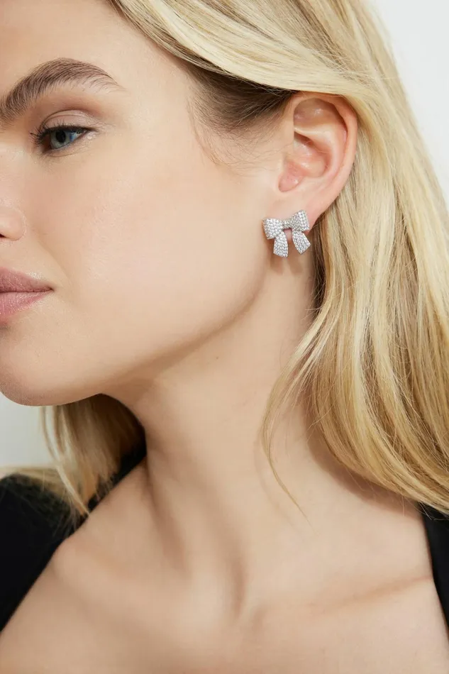 Dynamite Earrings Women Micropav Gem Bow Studs Gray