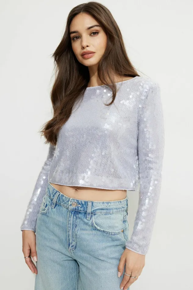 Dynamite Long Sleeve Tops Women Sequin Crewneck Top White
