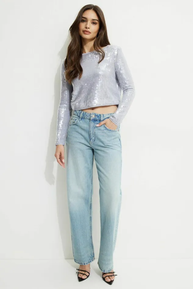 Dynamite Long Sleeve Tops Women Sequin Crewneck Top White