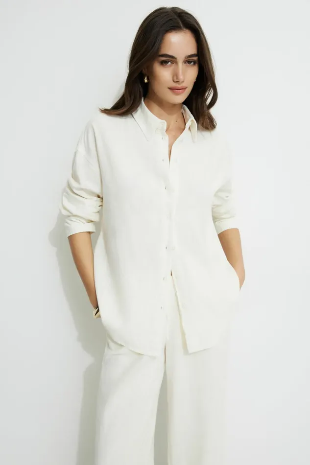 Dynamite Tops Women Linen Oversized Shirt Beige
