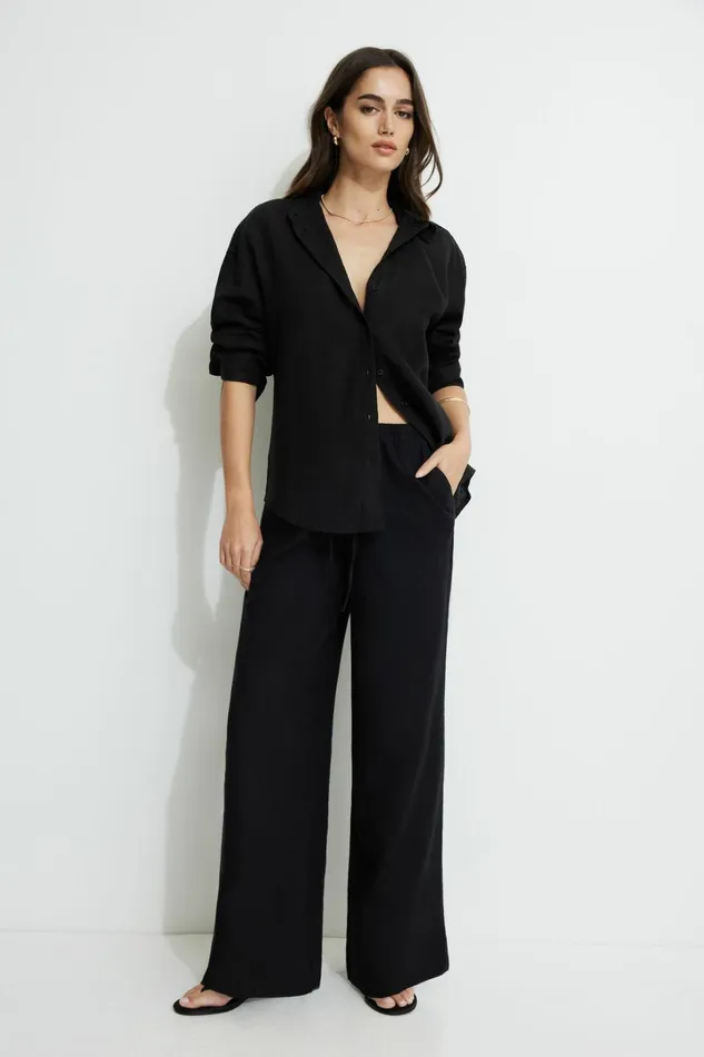 Dynamite Tops Women Linen Oversized Shirt Black