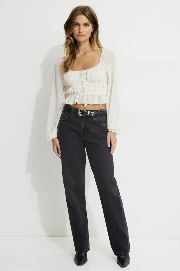 Dynamite Tops Women Marilena Front Tie Blouse Beige