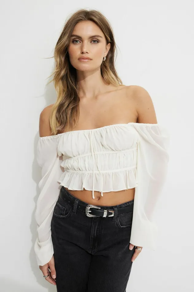 Dynamite Tops Women Marilena Front Tie Blouse Beige