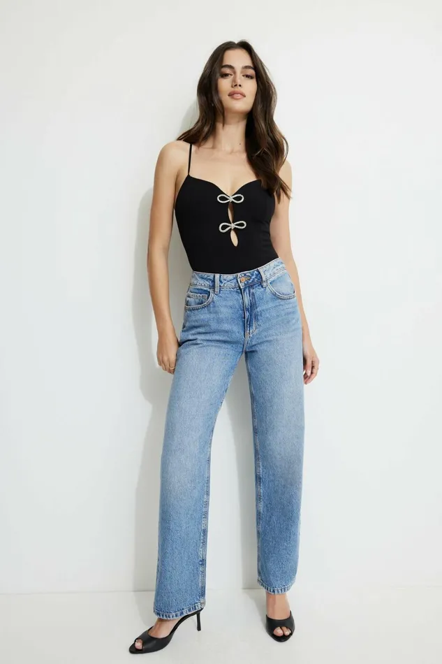 Dynamite Tops Women Rhinestone Bow Bodysuit Black