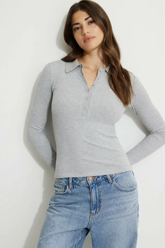 Dynamite Tops Women Ribbed Long Sleeve Polo Gray